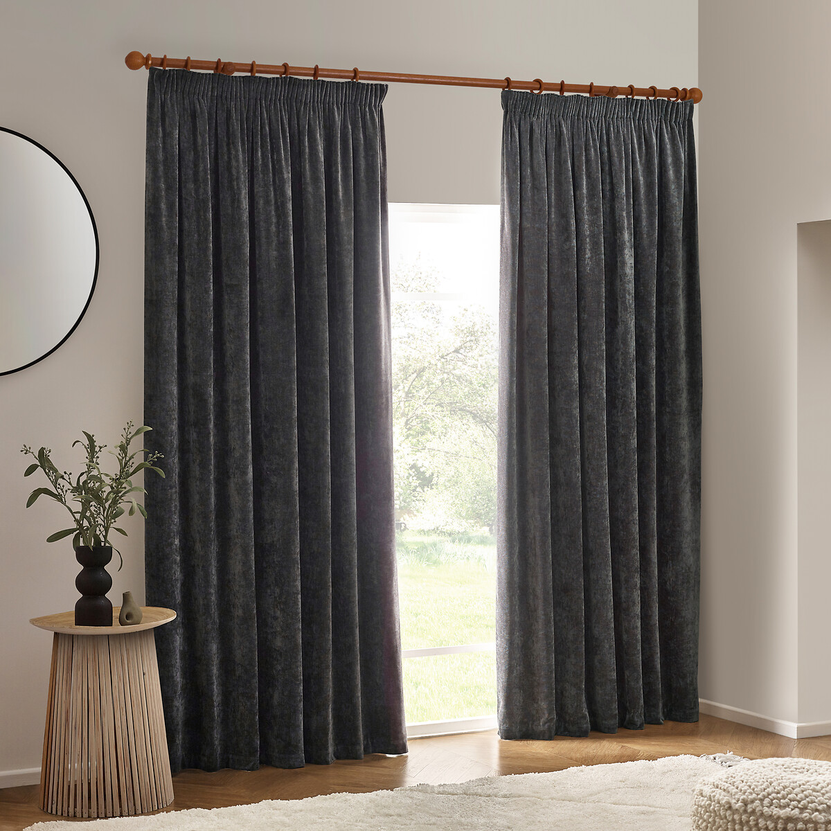 Heavy Chenille Velvet Room Darkening Pencil Pleat Curtains charcoal, YARD