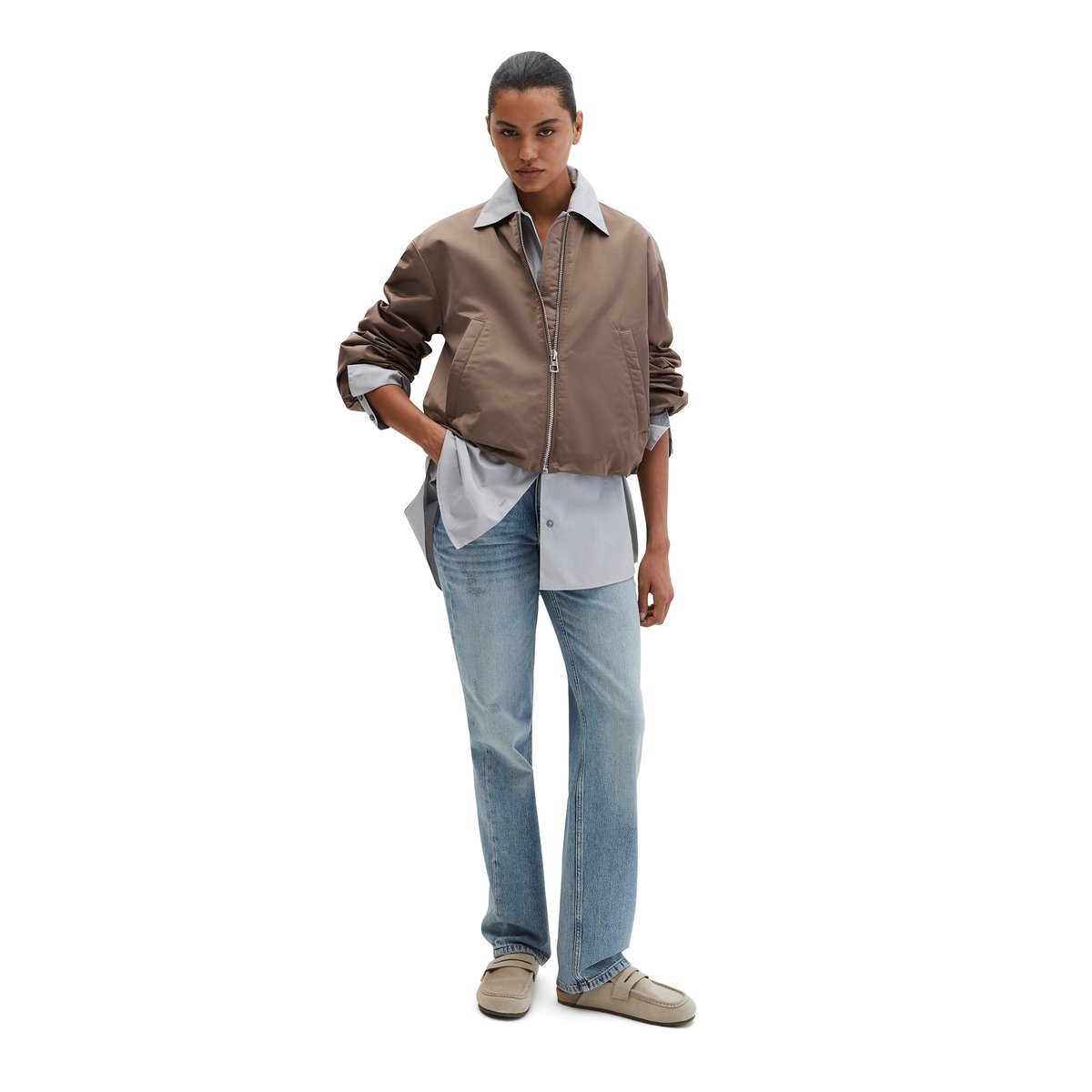 Blouson style aviateur regular cropped en polyester recyclé marron, MARC O'POLO