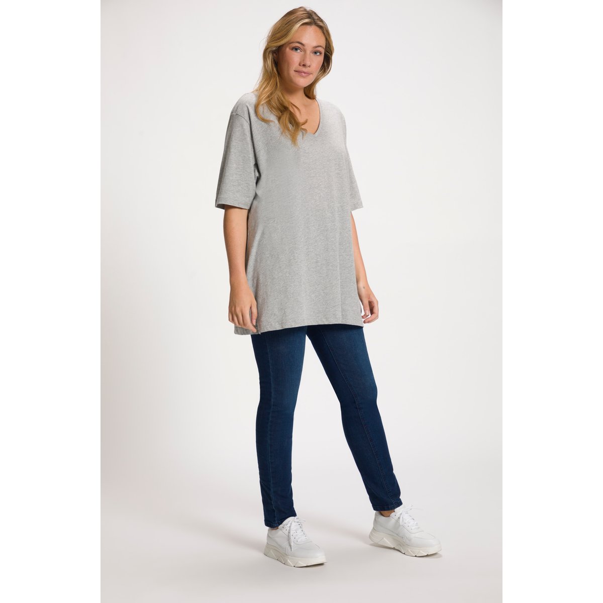 T-shirt à manches courtes et col V gris clair chiné, ULLA POPKEN