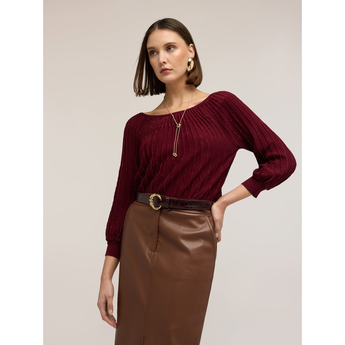 Pull à rayures fil textile et manches ballon burgundy, MOTIVI