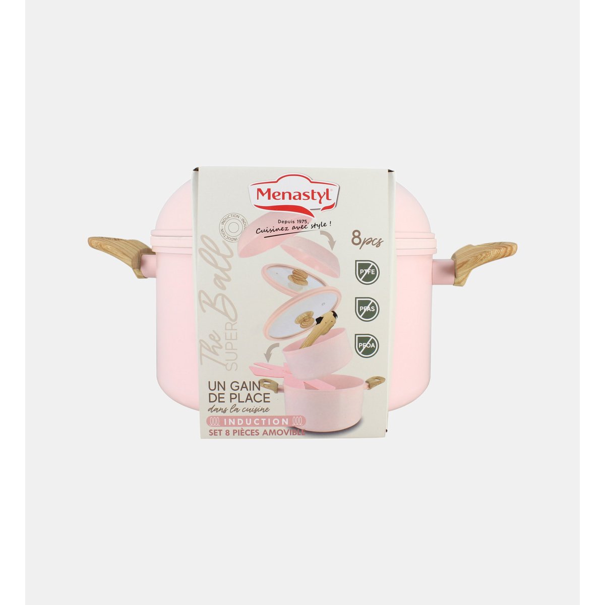 Batterie de cuisine amovible 8 pièces en aluminium recyclé, SUPER BALL rose, MENASTYL
