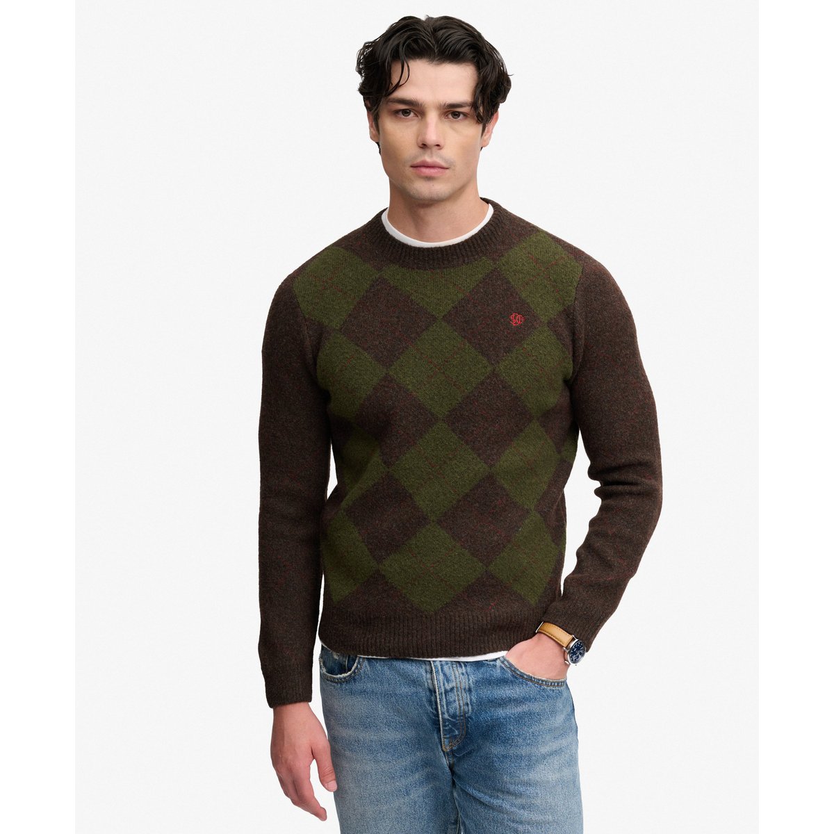 Pull Argyle coupe décontractée marron/vert argyle, SUPERDRY