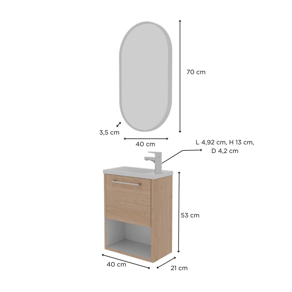 Ensemble lave-mains avec niche, robinet et miroir ovale NIKA chêne et blanc, MOB IN