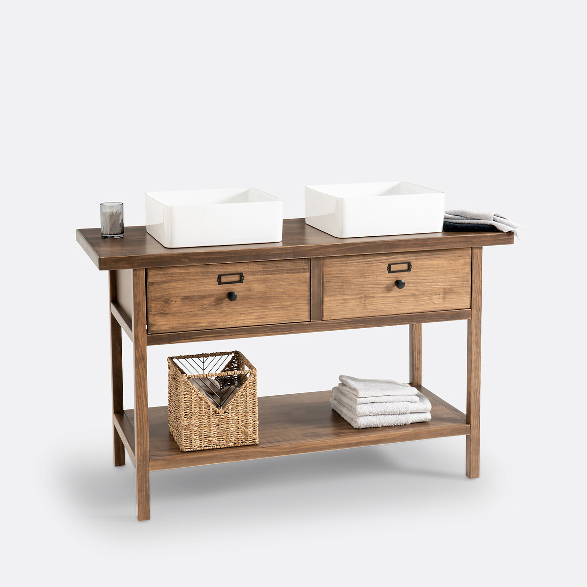 Lunja Solid Pine Double Vanity Unit dark wood, LA REDOUTE INTERIEURS