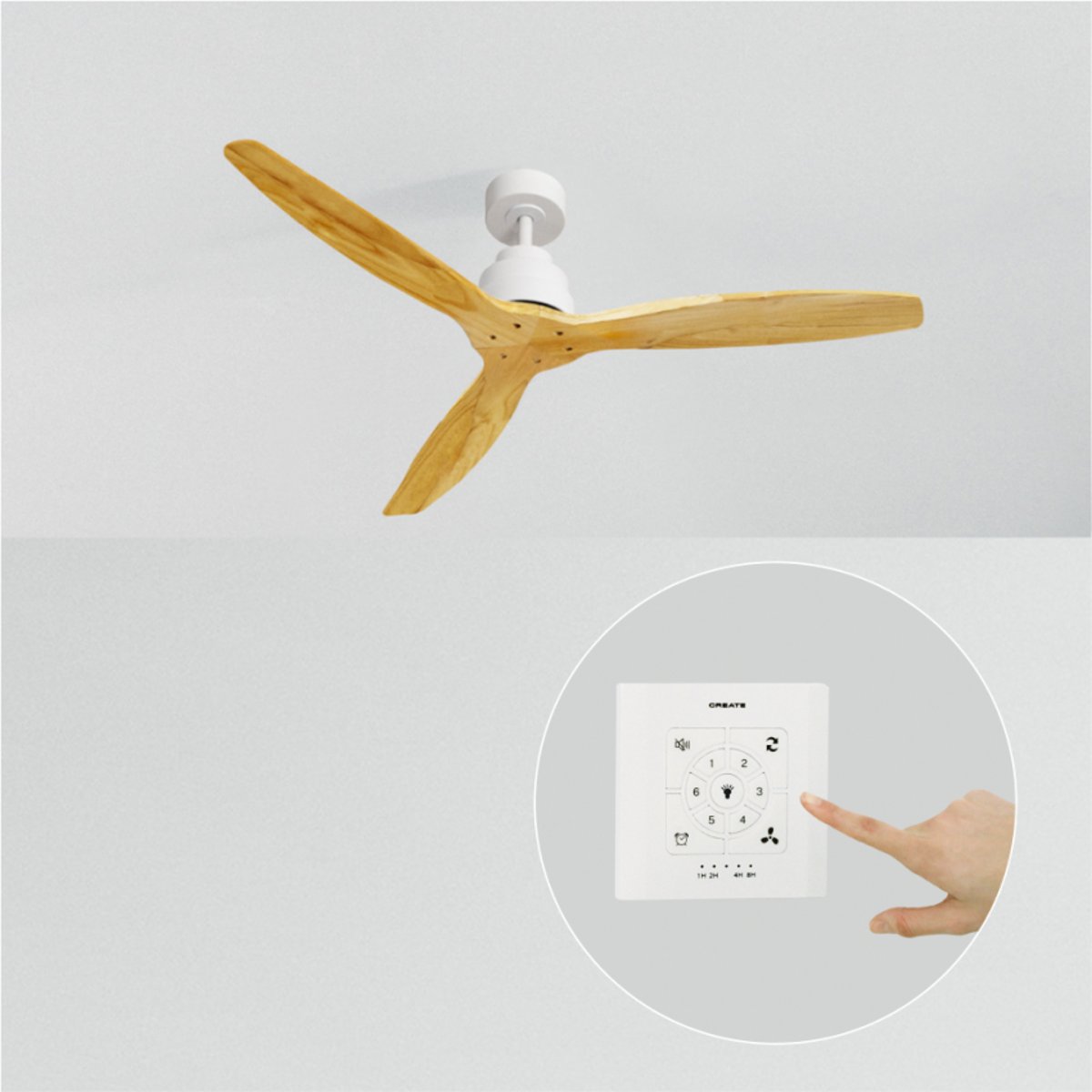 Ventilateur de plafond 40W sans lumière avec contrôleur mural WIND STYLANCE NATURAL WOOD blanc/bois naturel, CREATE