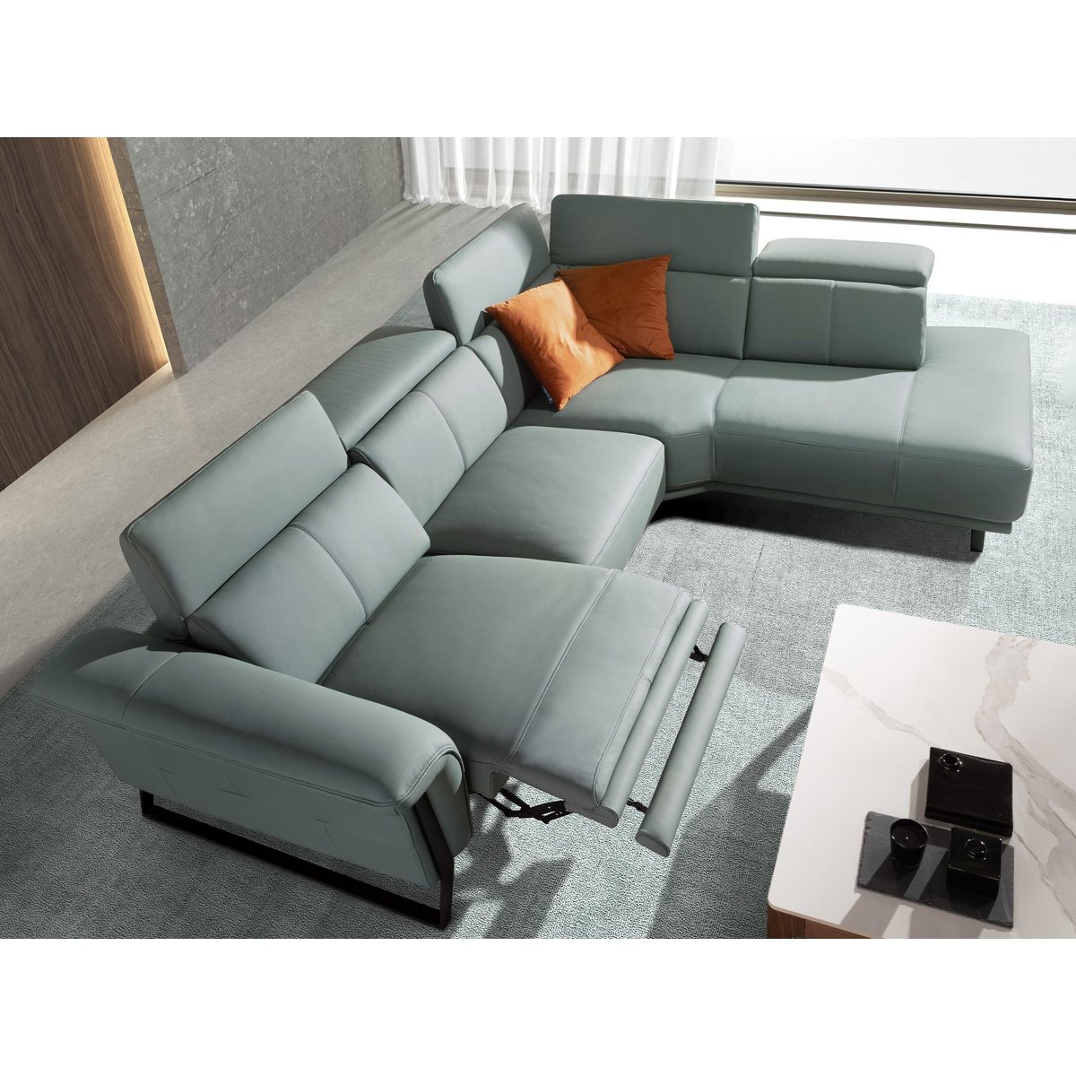 Canapé d'angle relax droite en cuir vert turquoise | noir, ANGEL CERDA