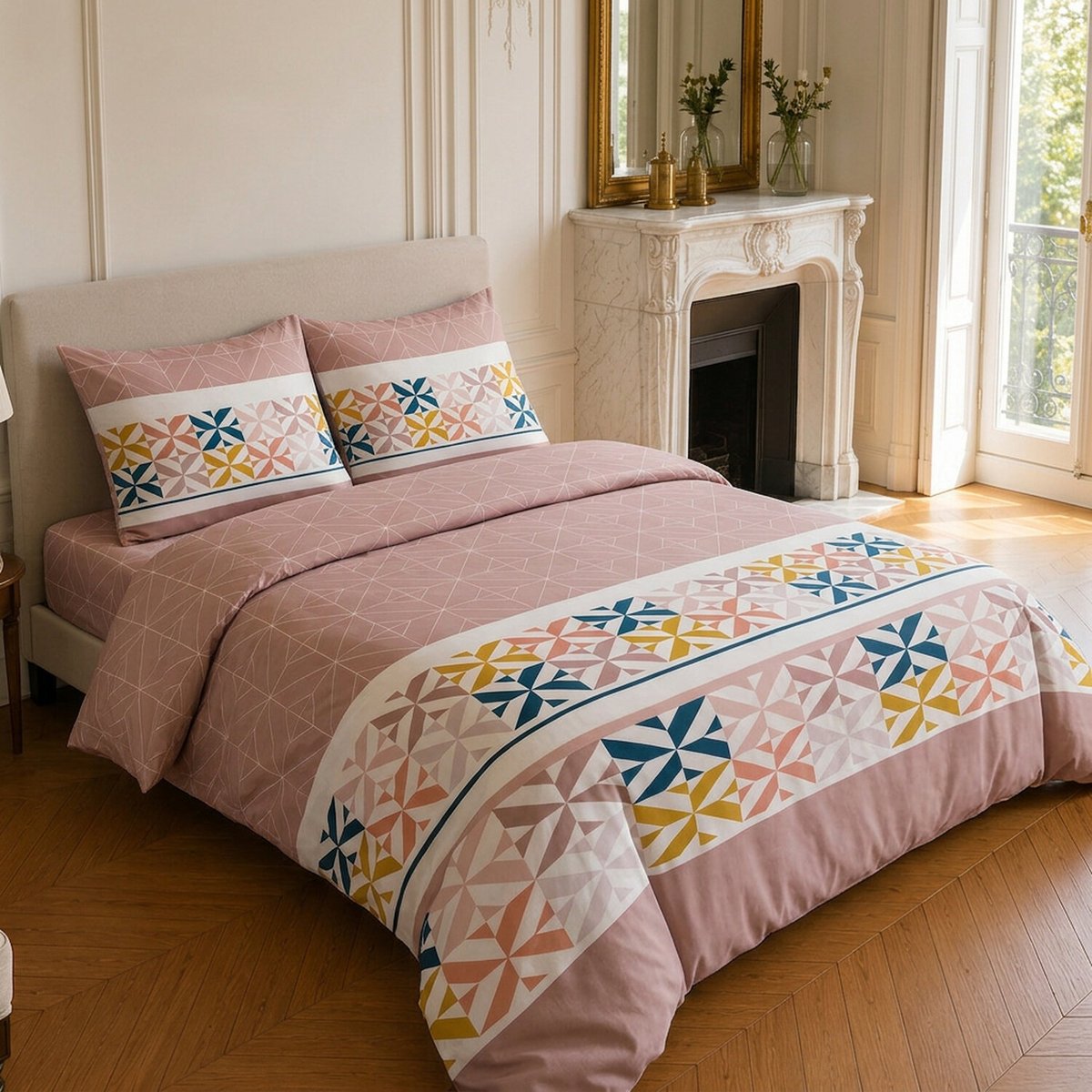 Parure de lit en coton motif géométrique, BLUEBERRY rouge, C DESIGN HOME TEXTILE