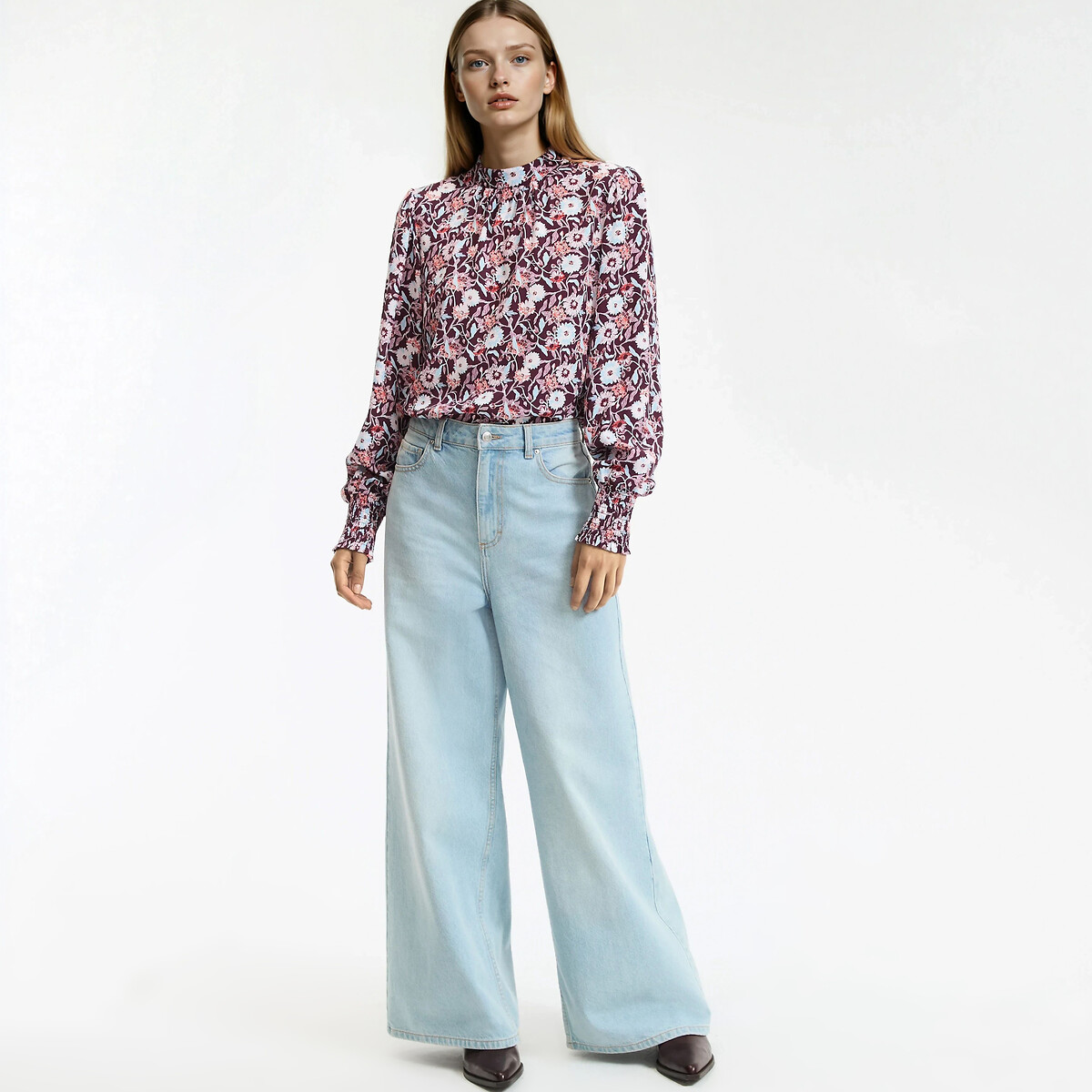 Floral Print Shirt with High Neck printed brown background, LA REDOUTE COLLECTIONS