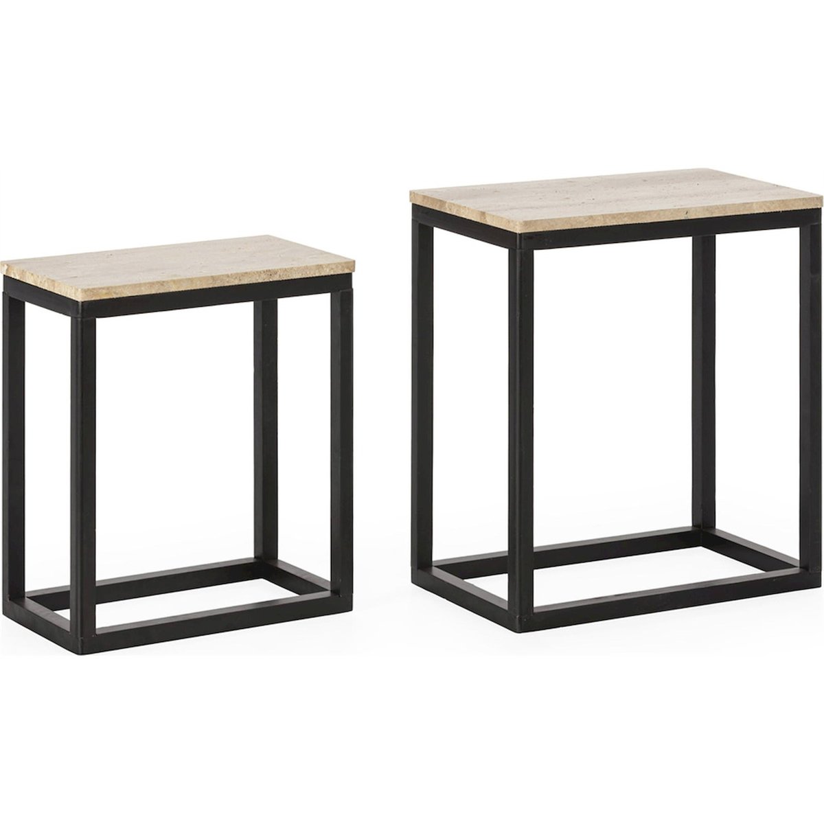 Lot de 2 tables d'appoint bois et travertin noir et travertin naturel, RECOLLECTION