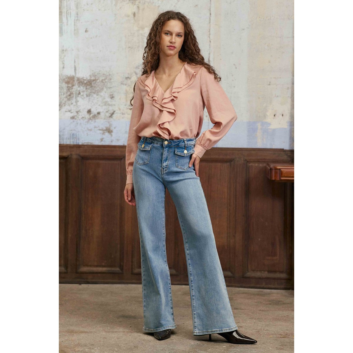 Blouse manches longues col v uni BOANE 41-poudre, LA PETITE ETOILE
