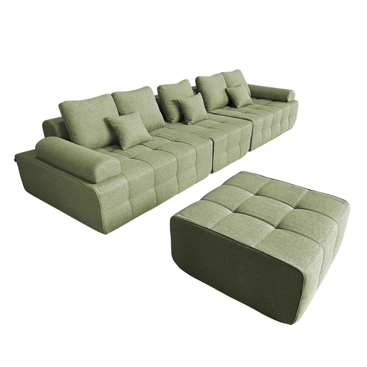 Canapé modulable compressé 5 places en tissu avec pouf et coussins, SNUGGY vert, OVIALA