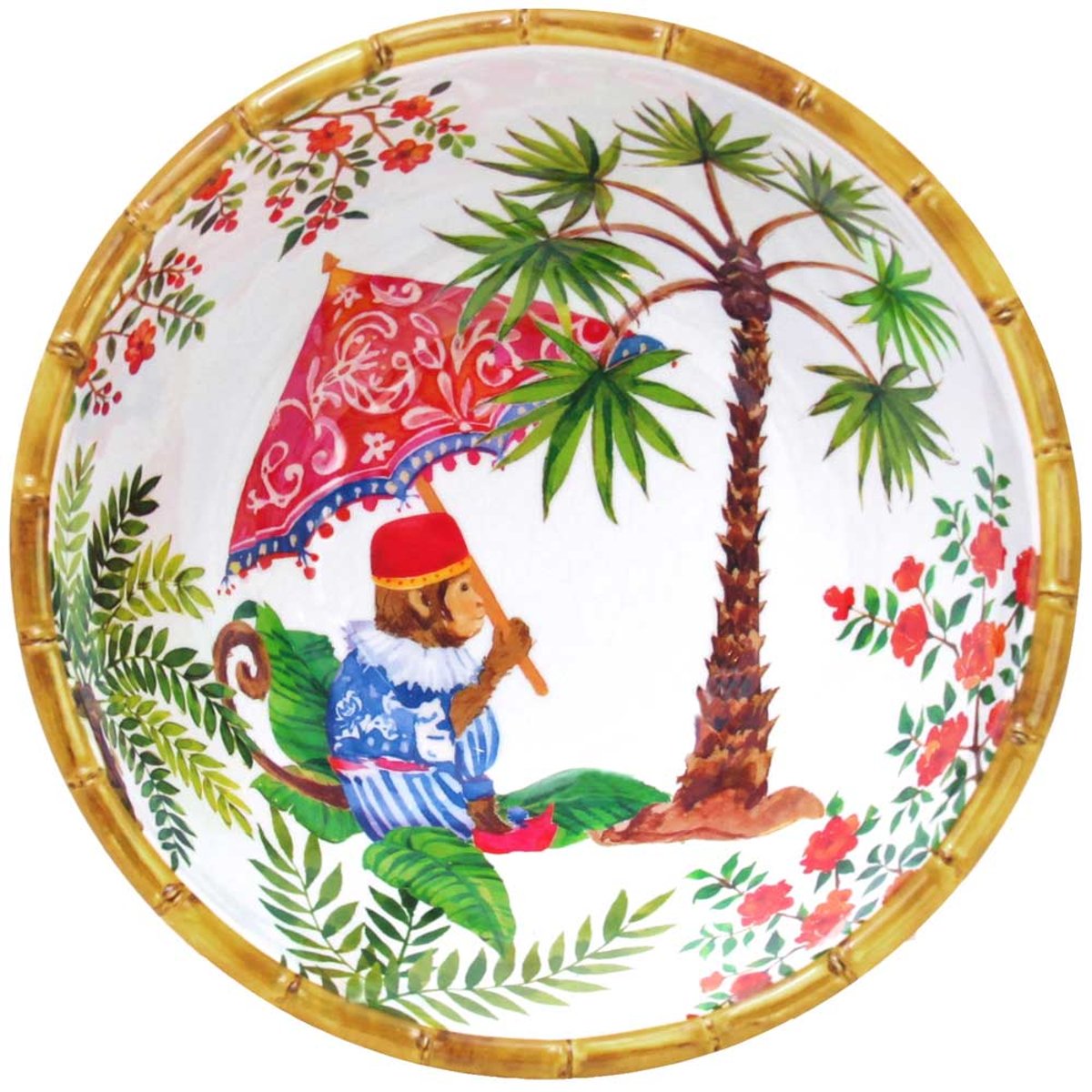 Saladier profond Singes de Bali 25 cm vert, rouge, rose, LES JARDINS DE LA COMTESSE