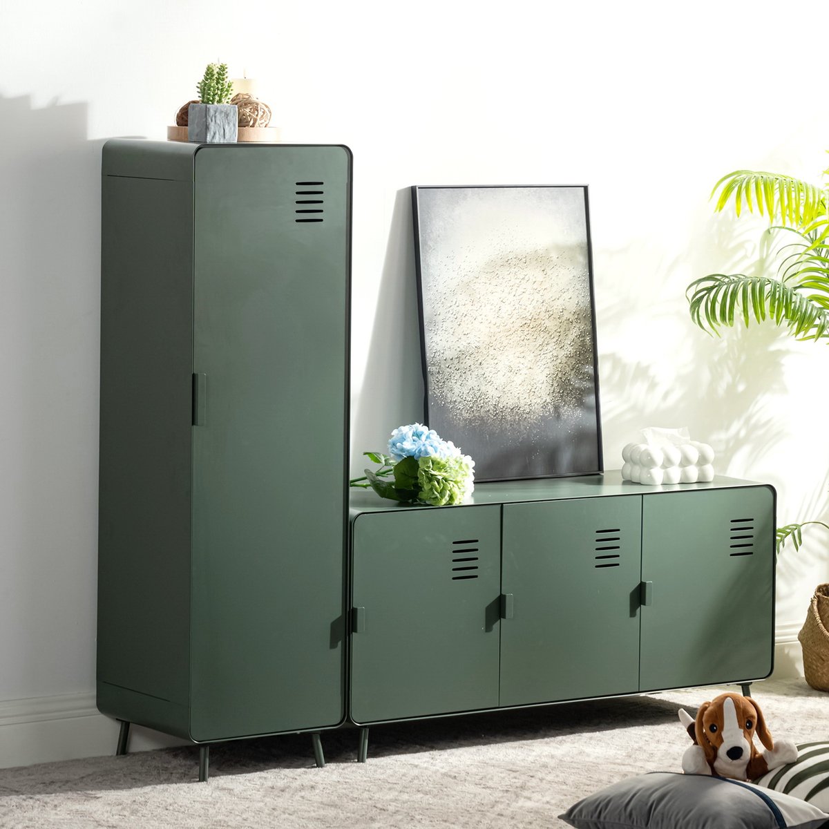 Armoire de rangement avec 1 portes 2 couches et 1 rail en métal industriel, WALNUTLIVING vert foncé, MEUBLES COSY