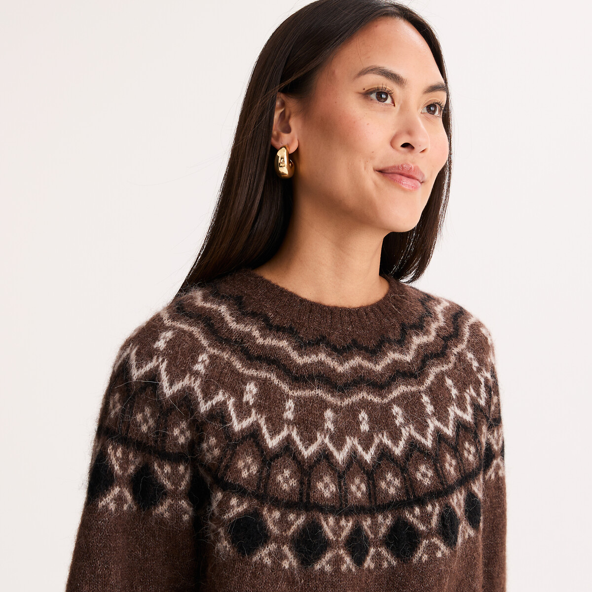 Pull jacquard à col rond, en alpaga mélangé jacquard beige, ANNE WEYBURN