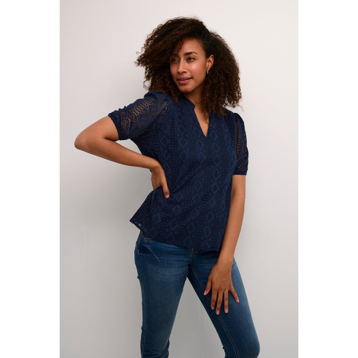 Short sleeved blouse bleu navy blazer, CREAM
