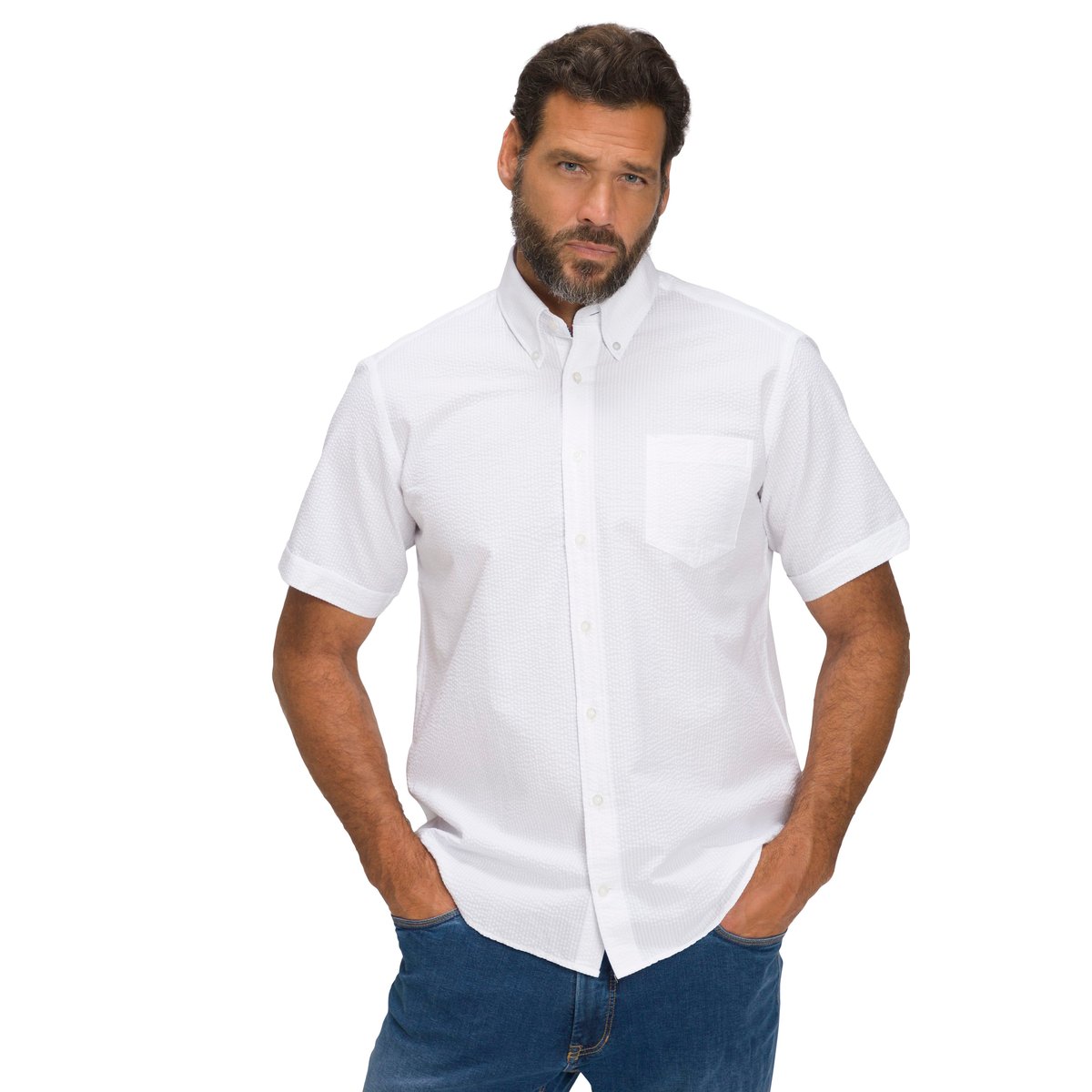 Chemise en seersucker à rayures. Manches blanc neige, JP1880