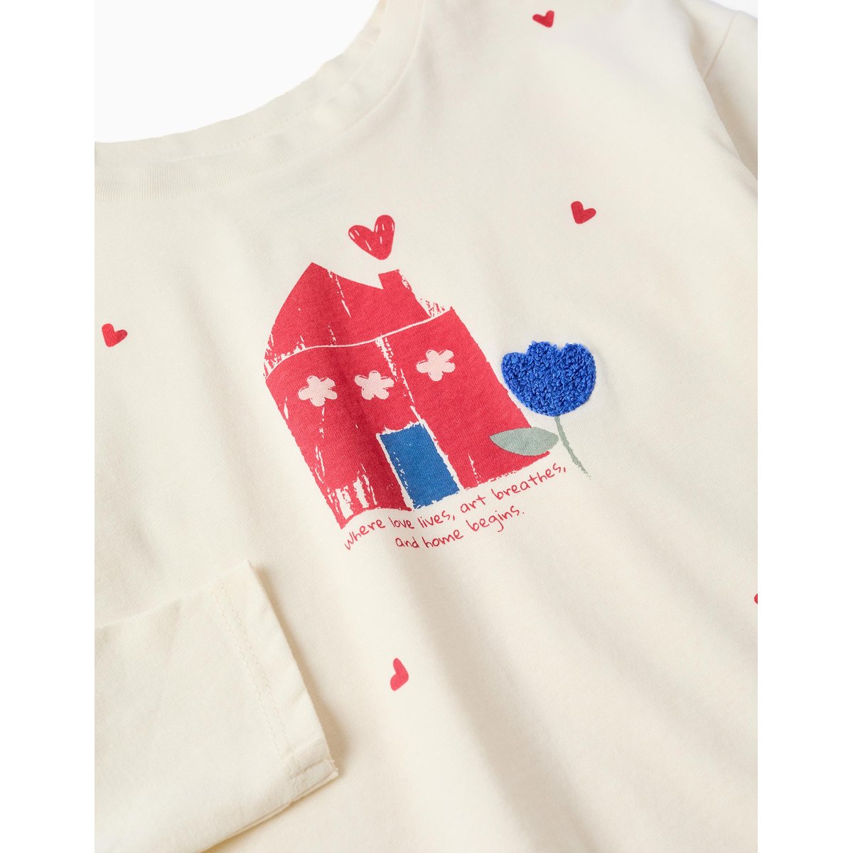 T-shirt en coton à manches longues avec imprimé maison blanc, ZIPPY