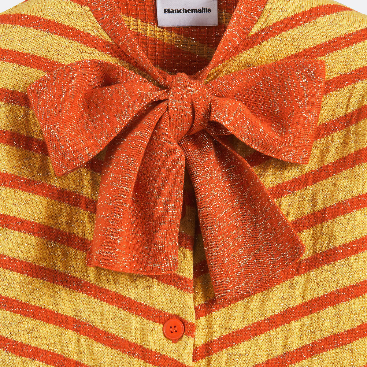 Gilet lavallière, en laine mérinos et fibres métallisées rayé orange, BLANCHEMAILLE