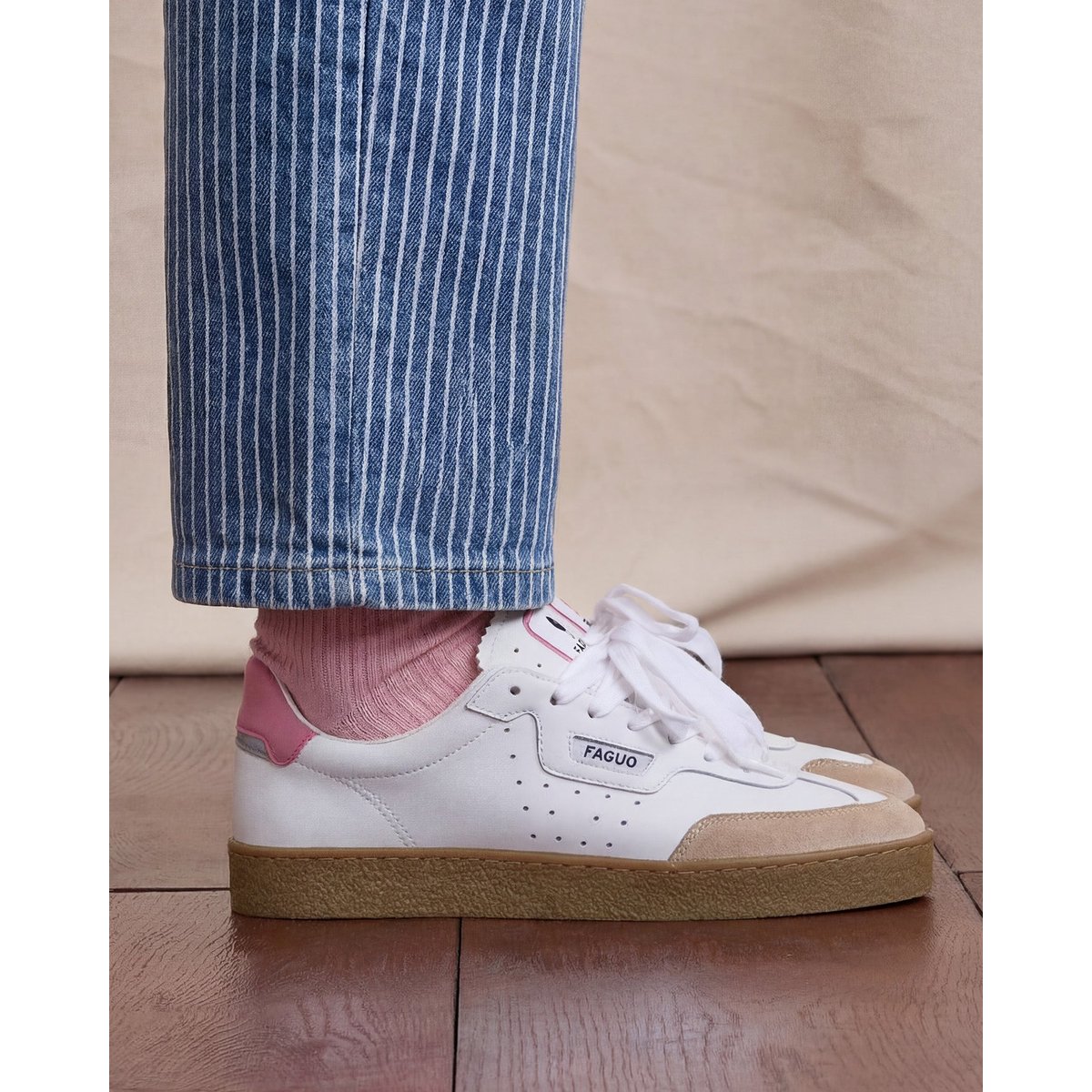 Baskets basses suede LUMBO blanc et rose grisé, FAGUO