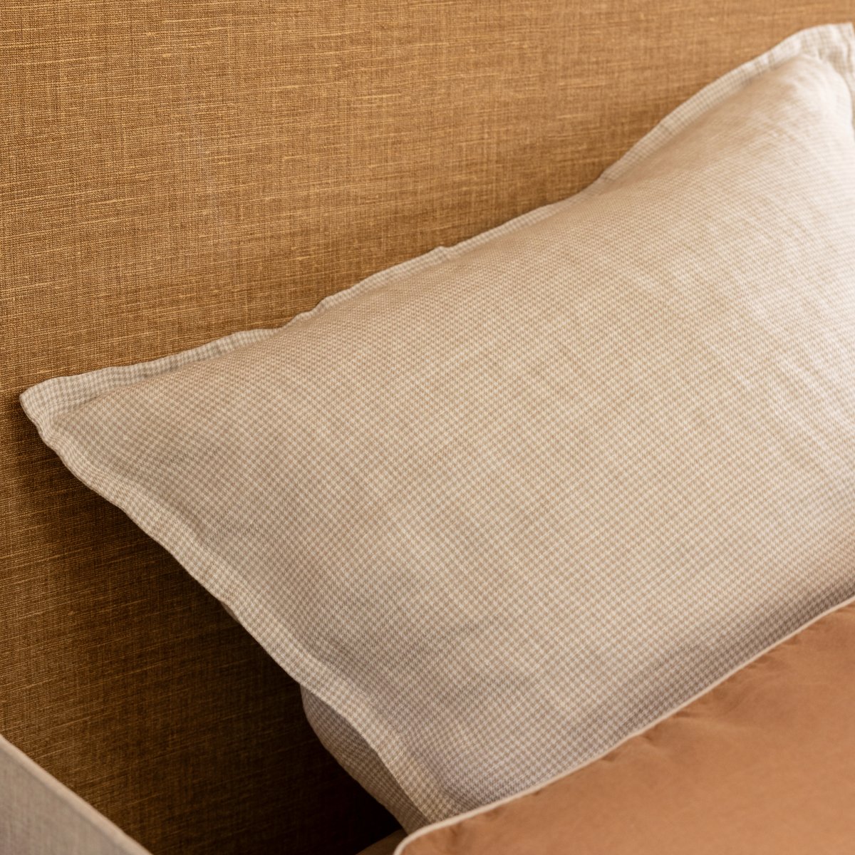 Taie d'oreiller en lin lavé tissé, RÊVE DE LIN PIED DE POULE beige, BLANC CERISE
