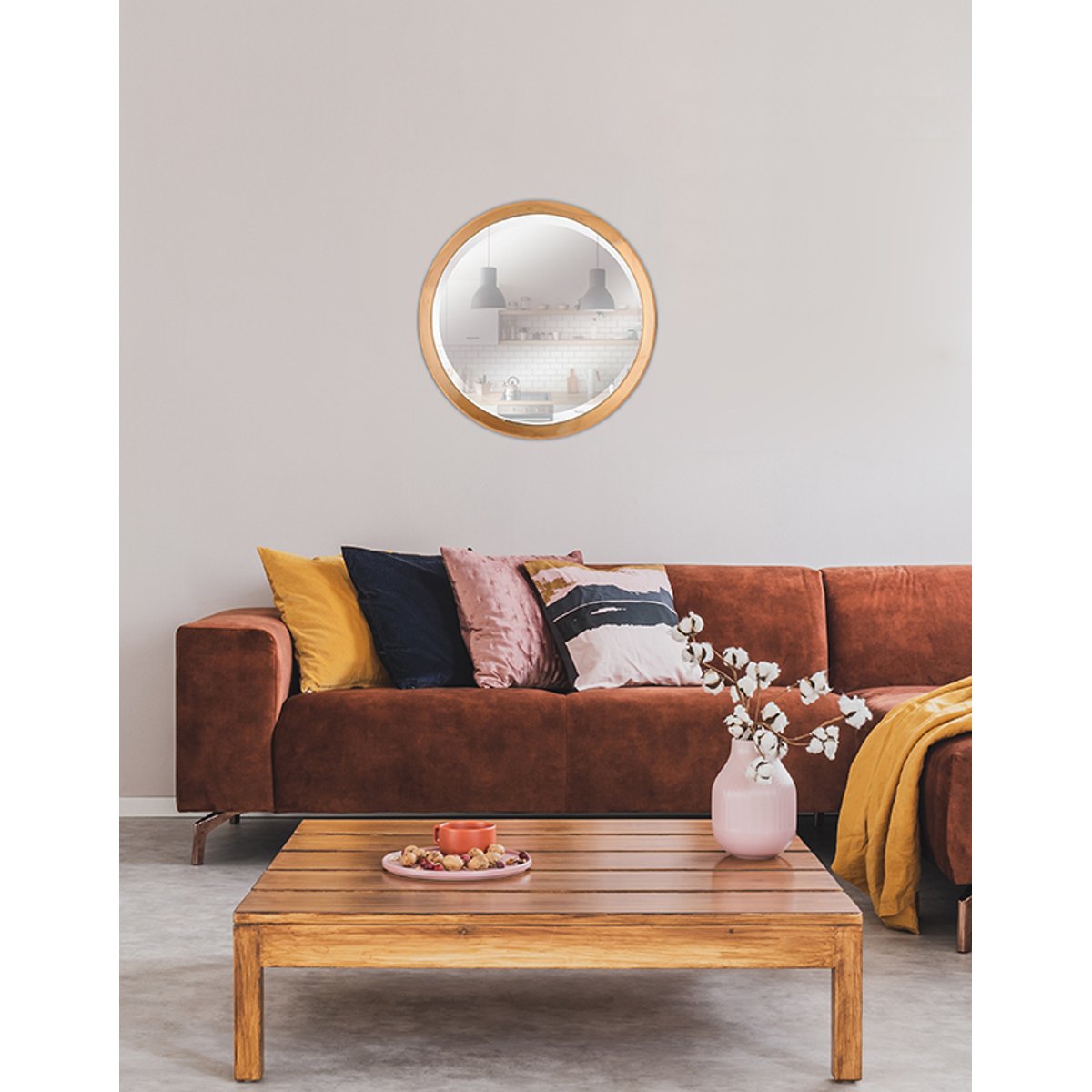 Miroir bois rond biseauté 52,6cm beige, EMDE