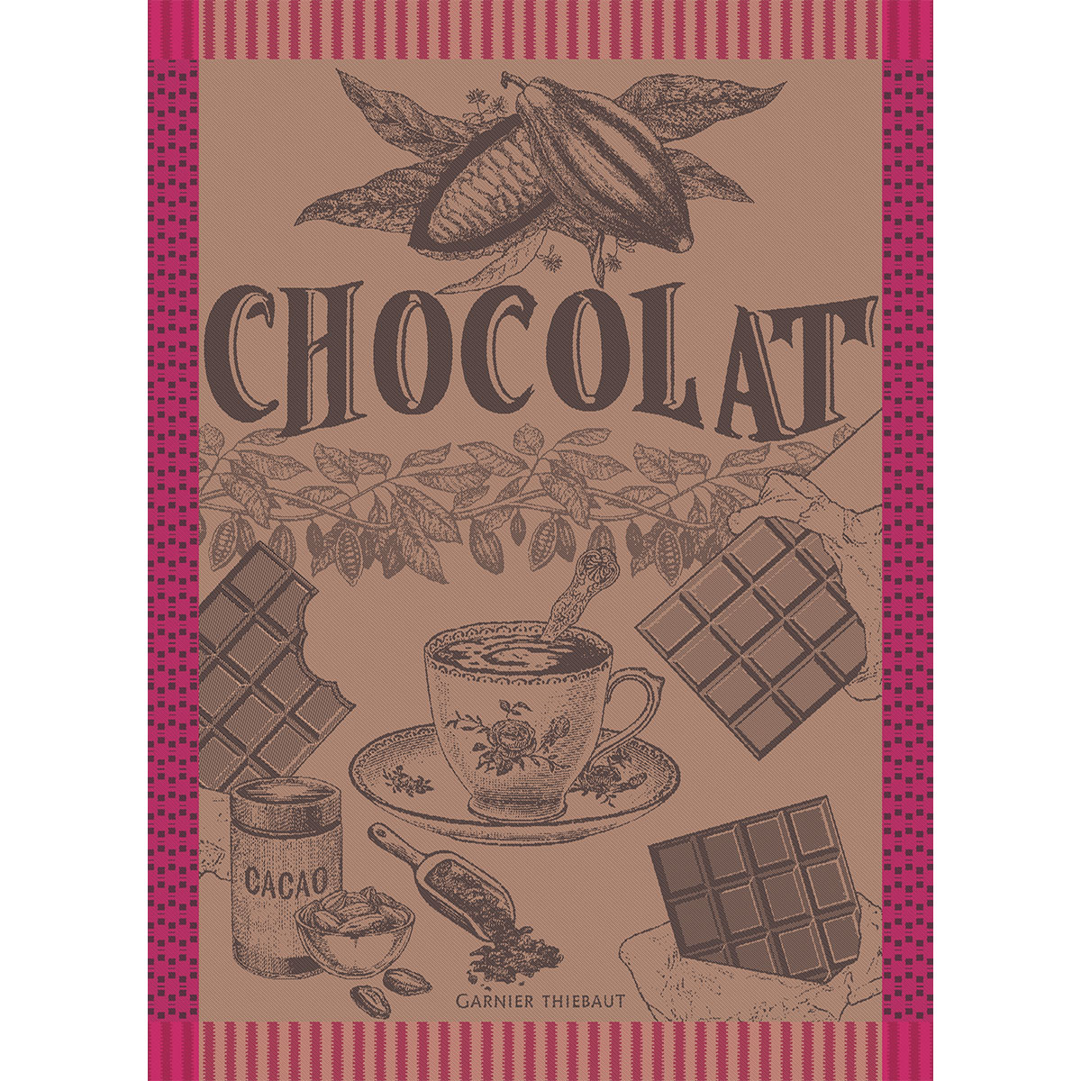 Torchon pur coton TASSE DE CHOCOLAT fuchsia, GARNIER THIEBAUT