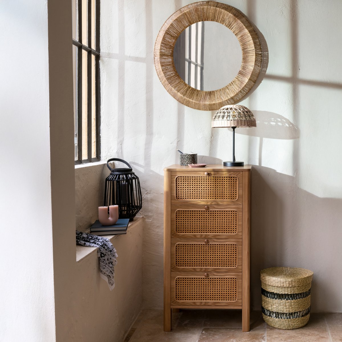 Commode chiffonnier 4 tiroirs cannage en rotin TIRIA marron, ATMOSPHERA