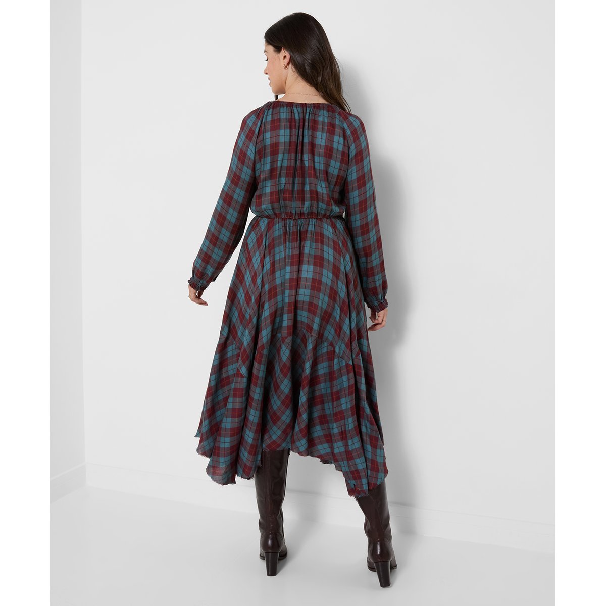 Robe Longue à Carreaux et Ourlet Plongeant Daphne bleu, JOE BROWNS