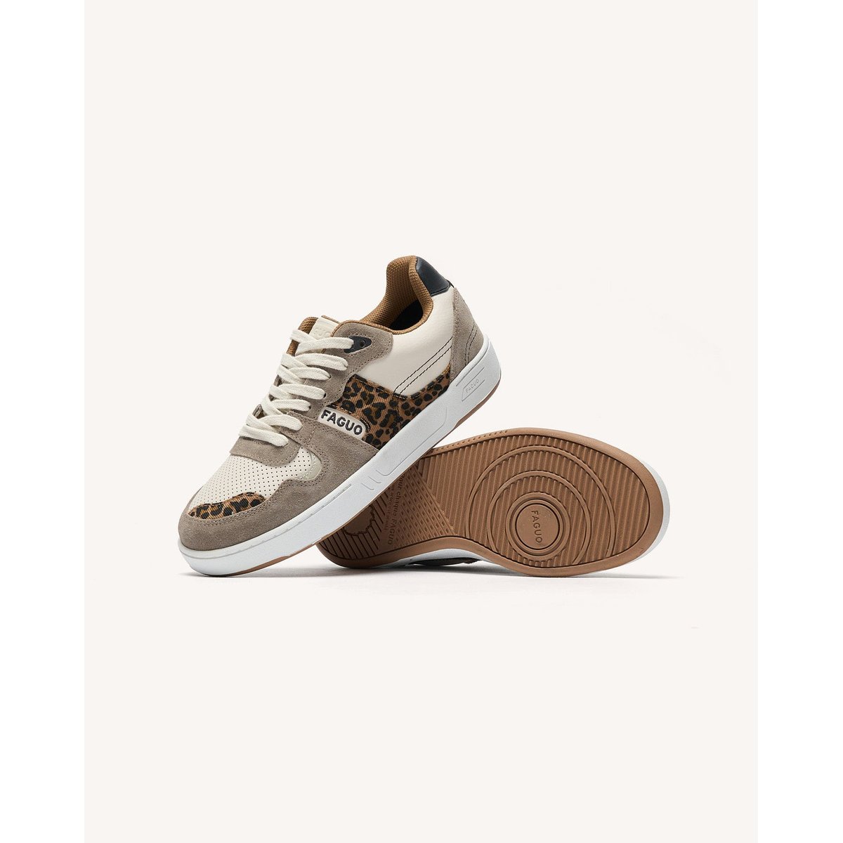Baskets basses cuir suede CEIBA écru et léopard, FAGUO