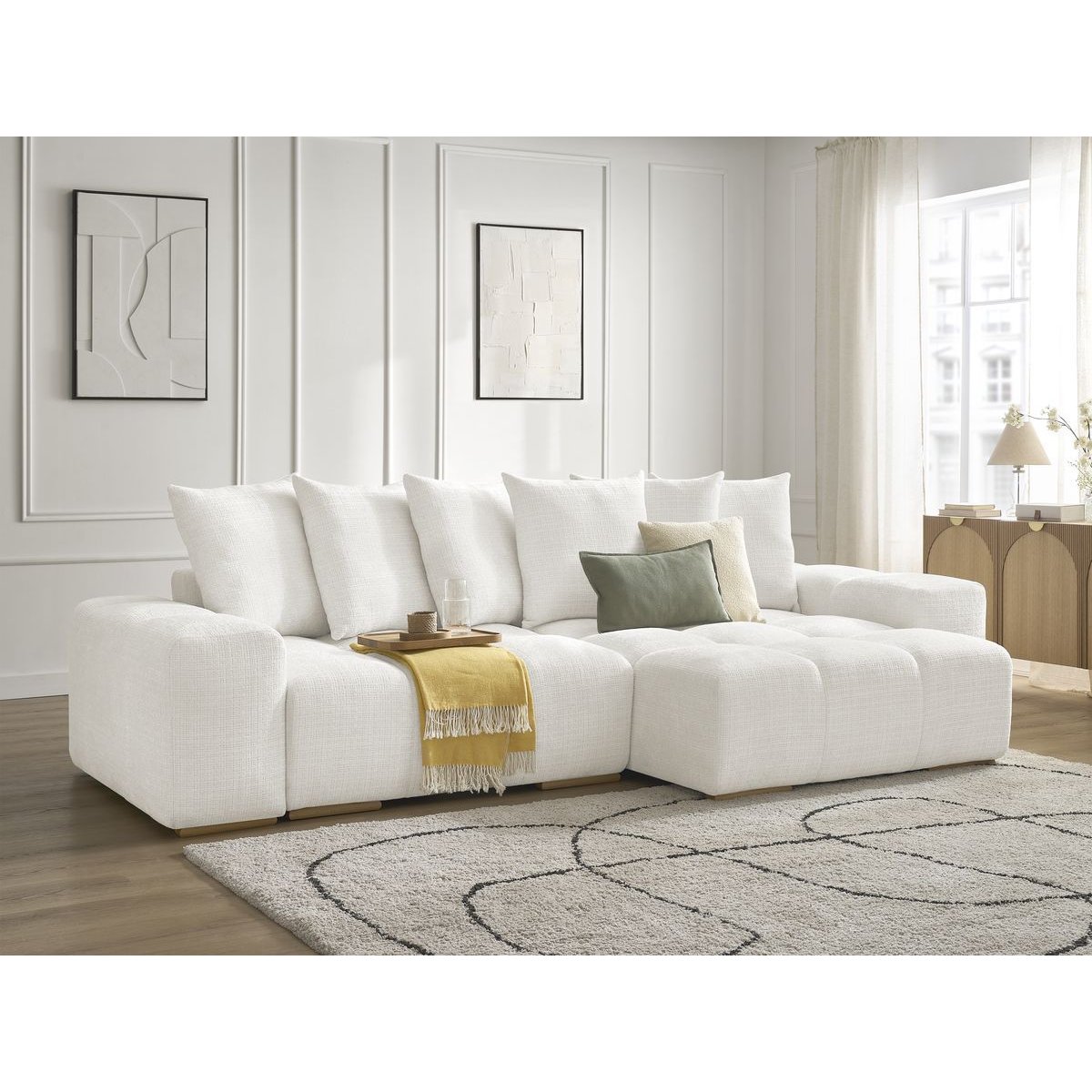 Canapé d'angle convertible 4 places en tissu texturé, ANAKIN blanc, BOBOCHIC