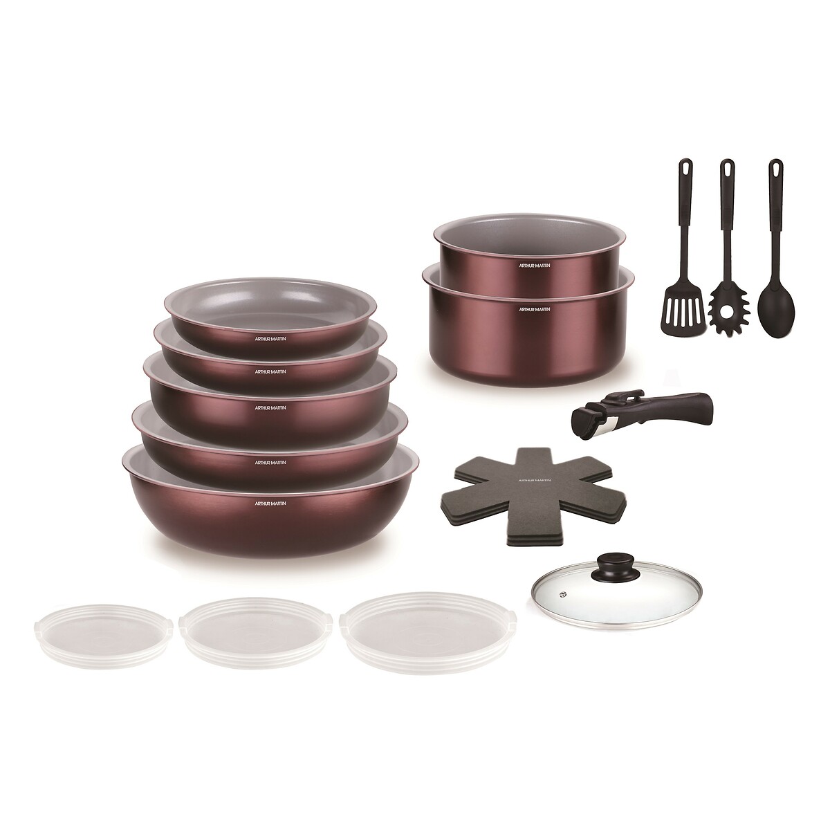 18-teiliges Kochgeschirr aus Aluminium granatrot, ARTHUR MARTIN