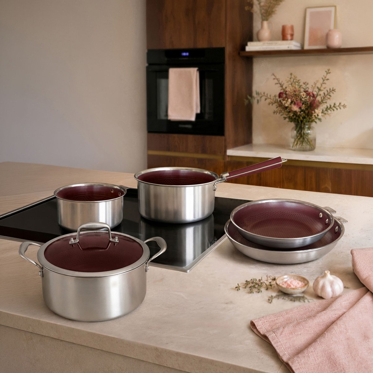 Batterie de cuisine 5 pièces en acier inoxydable avec 1 poignée, AGLAE bordeaux-inox, MENASTYL