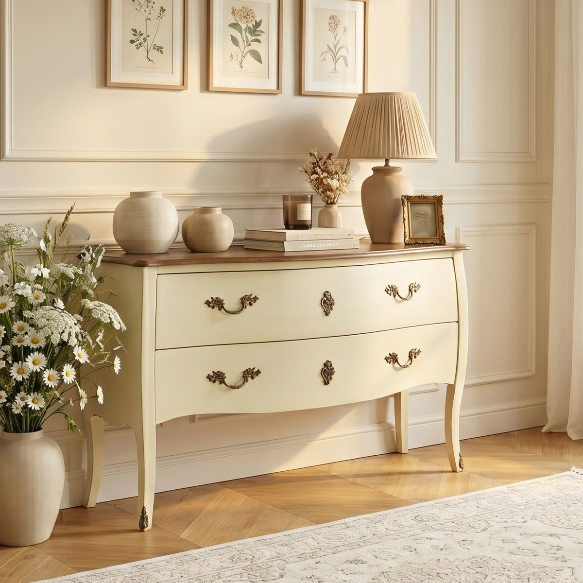 Commode style shabby chic, plateau en chêne, 2 tiroirs ALIENOR blanc, ROBIN DES BOIS