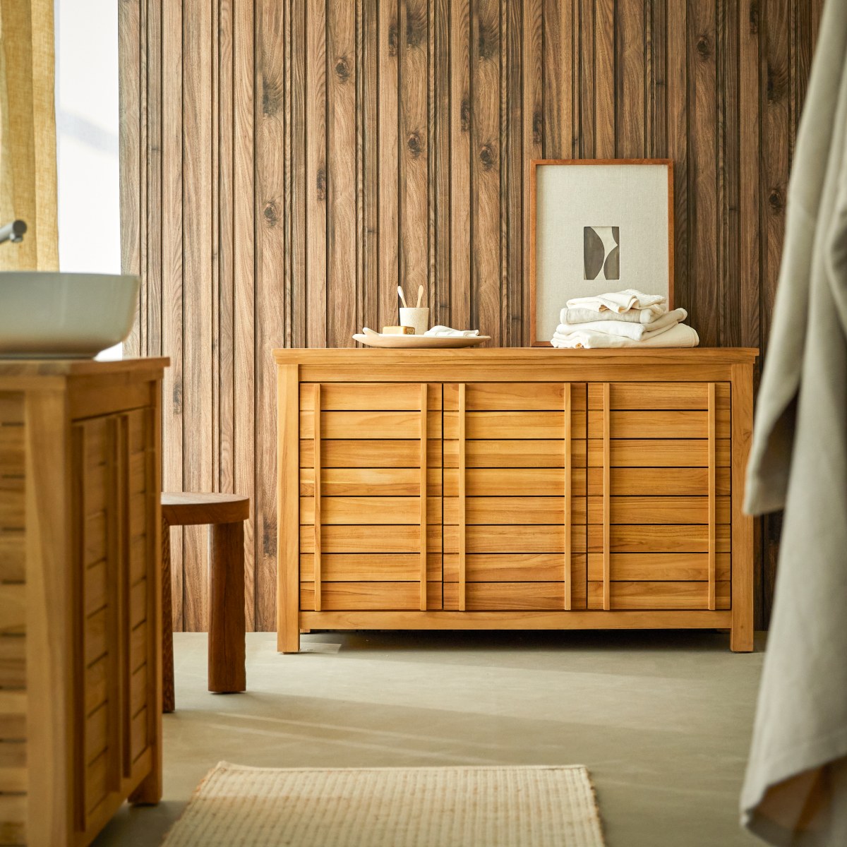 Meuble de rangement salle de bain en Teck massif, ROSE naturel, TIKAMOON