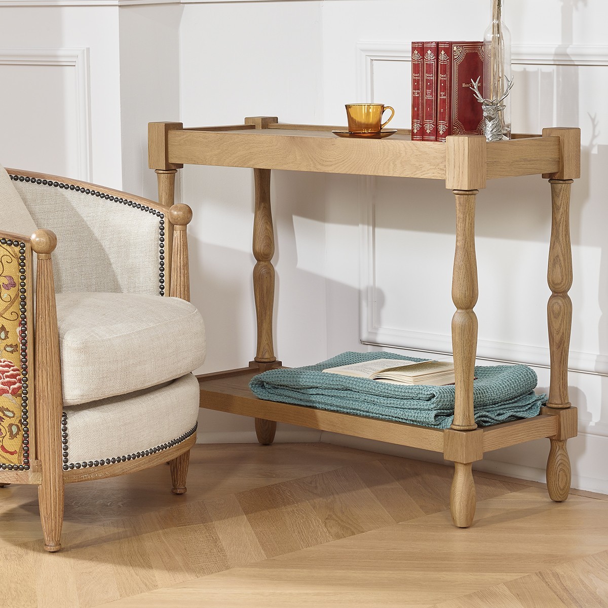 Console style shabby chic en chêne, double plateau EUGENIE marron, ROBIN DES BOIS