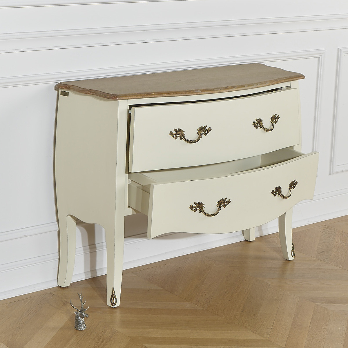 Commode style shabby chic, plateau chêne, 2 tiroirs AQUITAINE blanc, ROBIN DES BOIS
