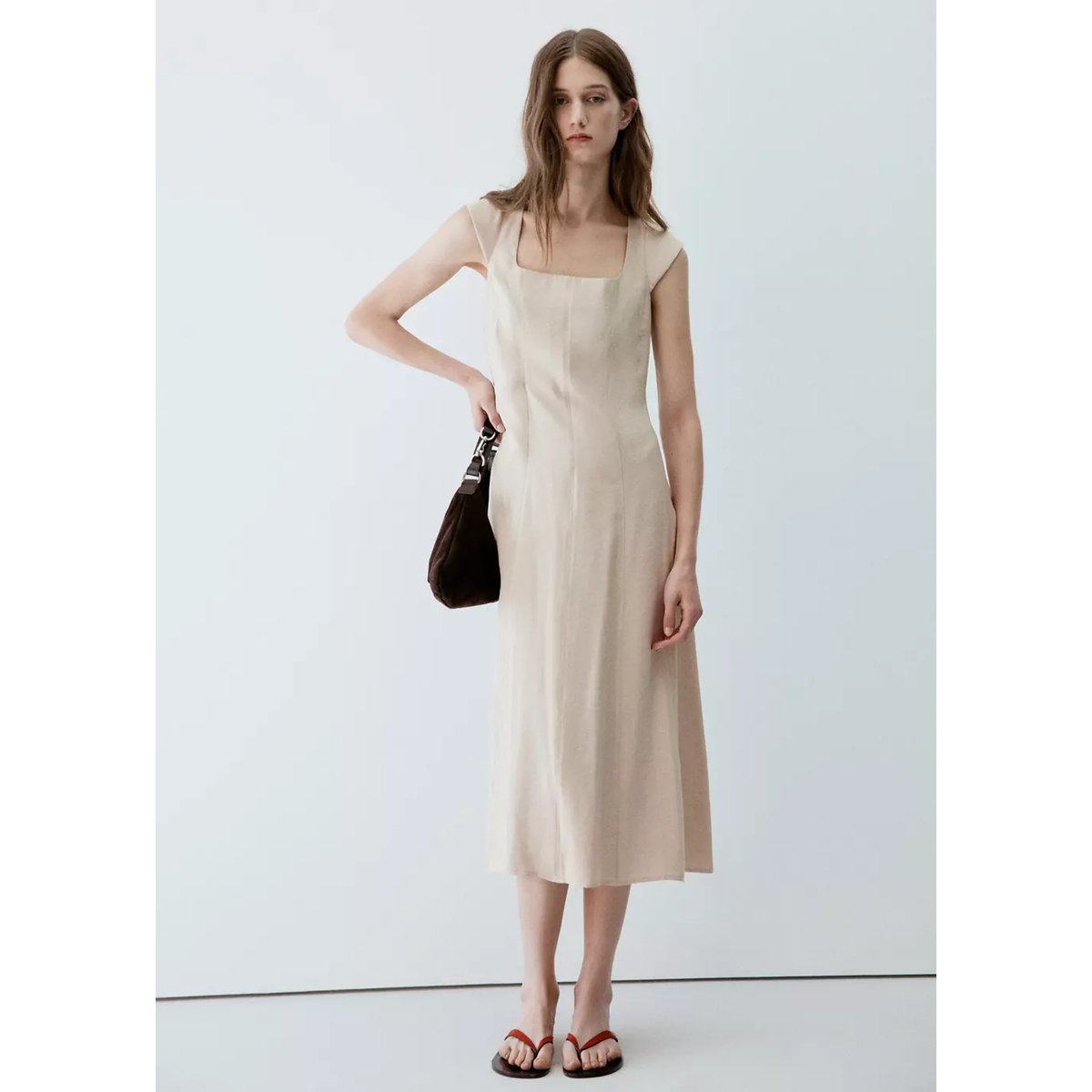 Robe col carré beige, MANGO