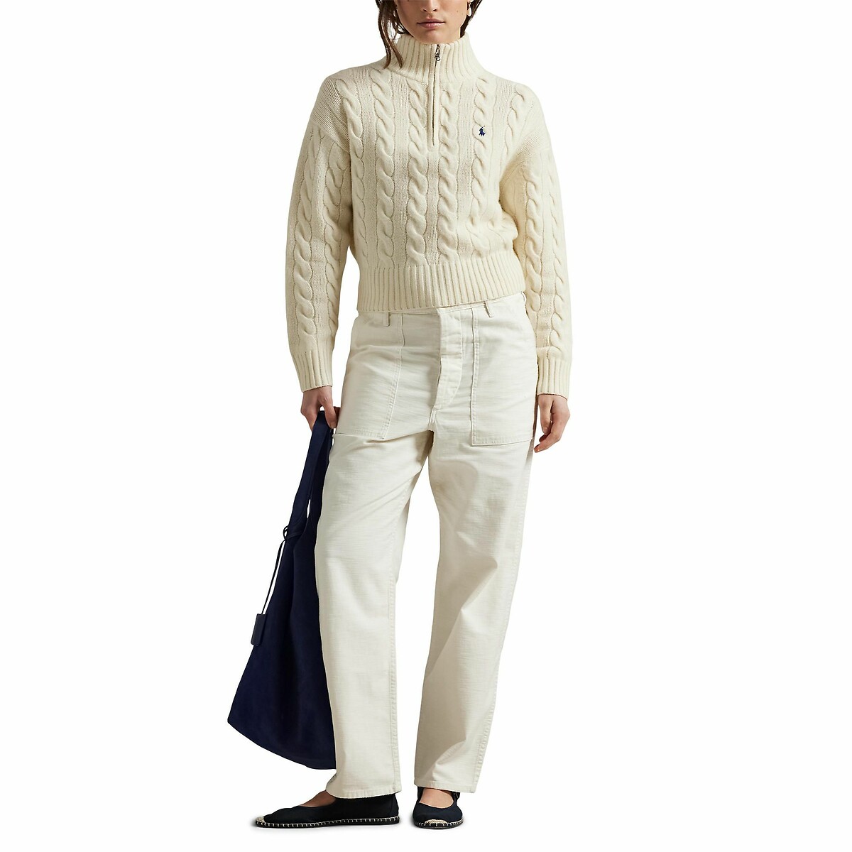 Zip-up jumber in wool and cashmere cable knit cream, POLO RALPH LAUREN