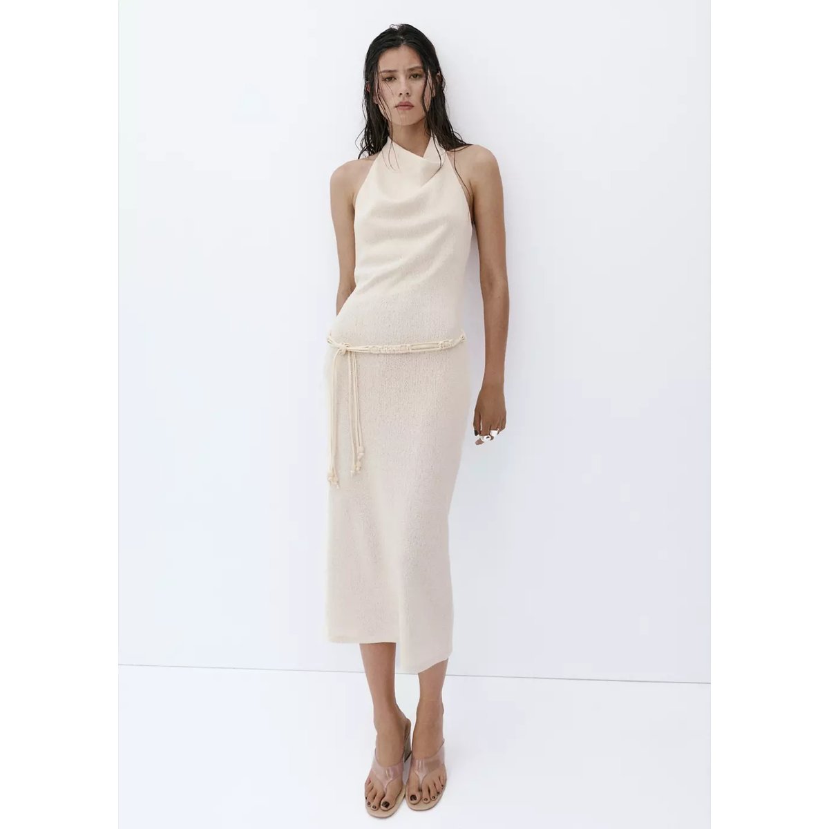 Robe en maille halter et ceinture écru, MANGO