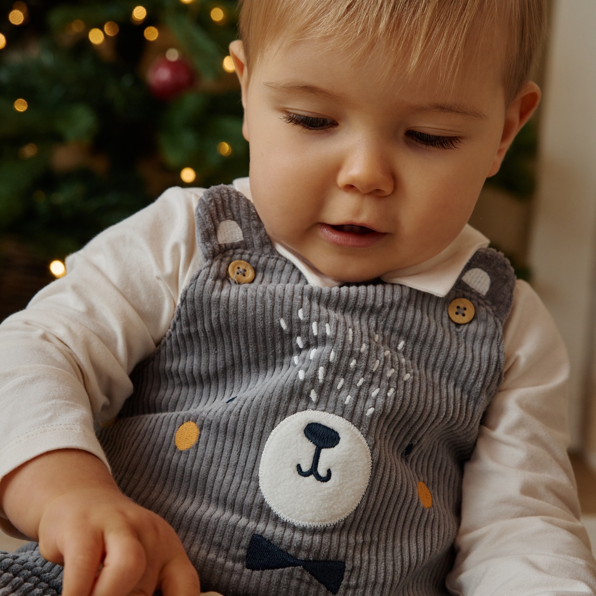 Ensemble salopette bébé en velours côtelé et t-shirt Flocon gris, PETIT BEGUIN