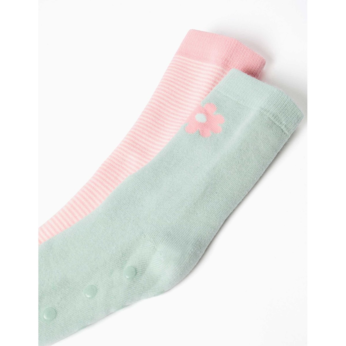 2 chaussettes en éponge antidérapantes avec rayures/fleur multicolore, ZIPPY