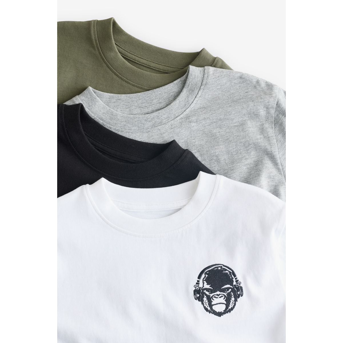 T-shirt brodé à manches courtes, lot de 4 noir/blanc/gris marl/kaki, NEXT