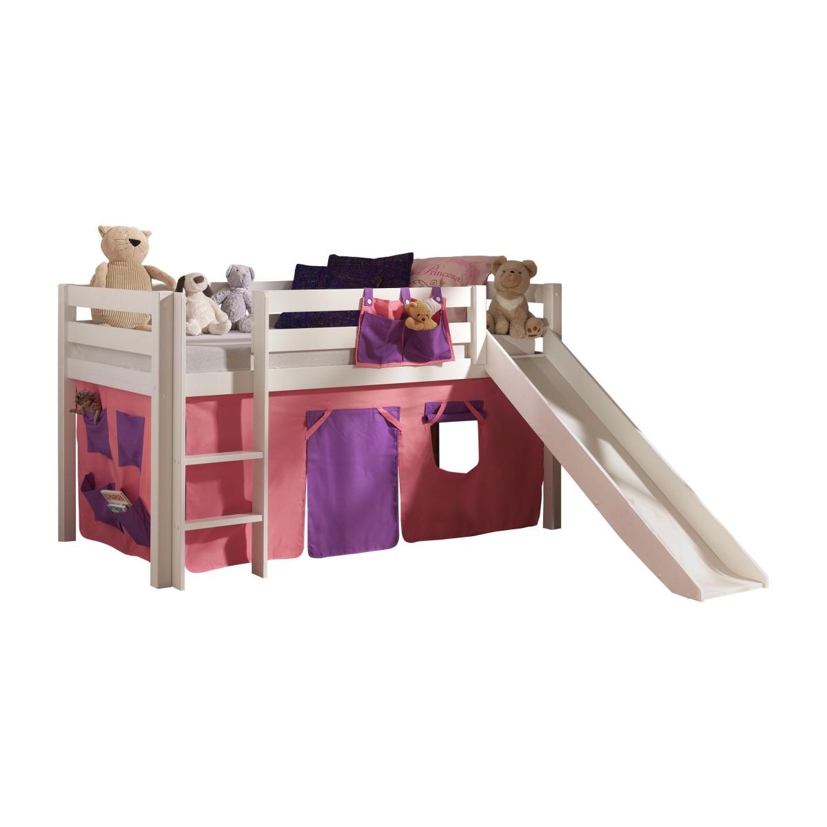 PINO Lit mezzanine avec toboggan pin massif + Rideau de lit Bella couleur unique, VIPACK