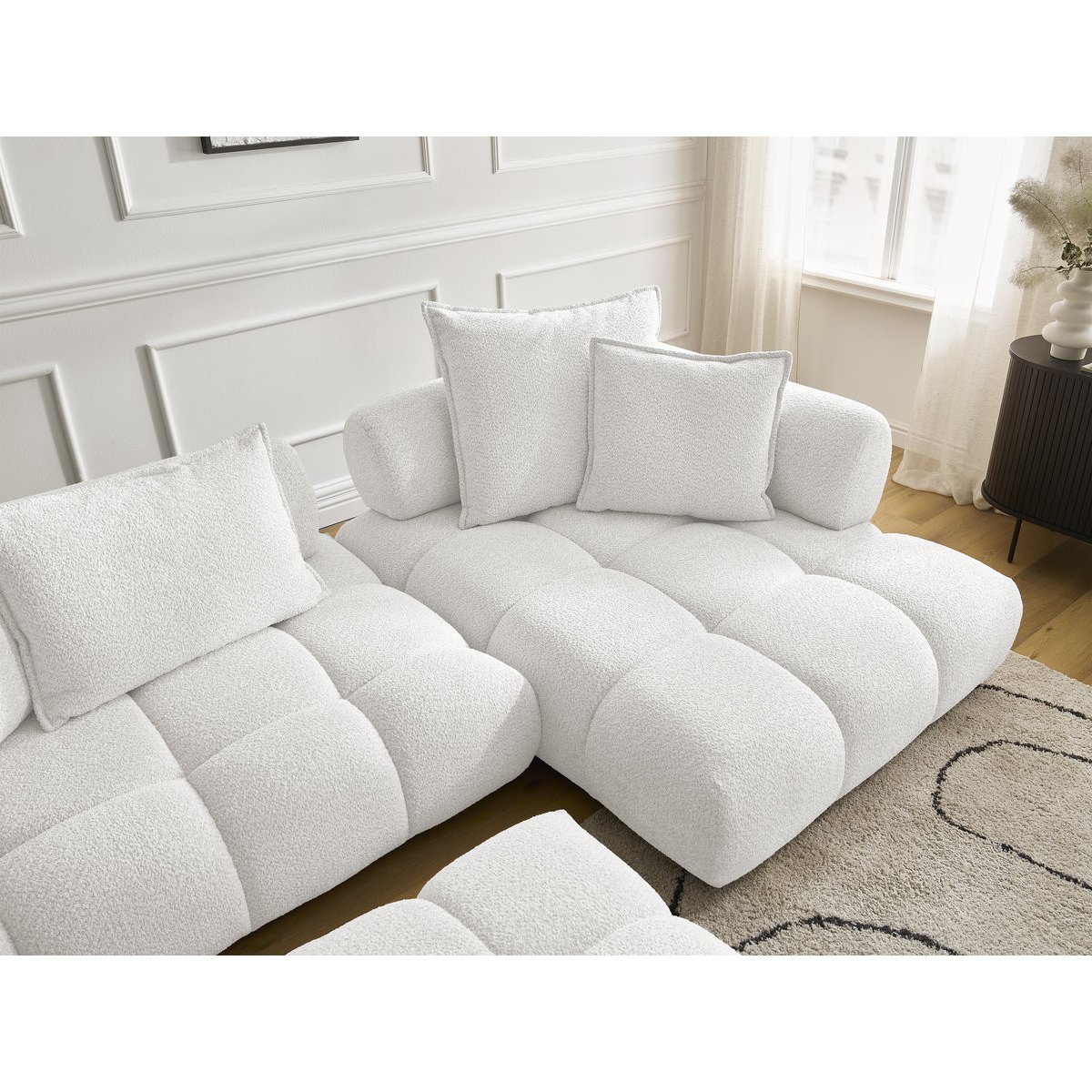 Canapé d'angle fixe 4 places en tissu bouclette avec pouf, ALYA blanc, BOBOCHIC