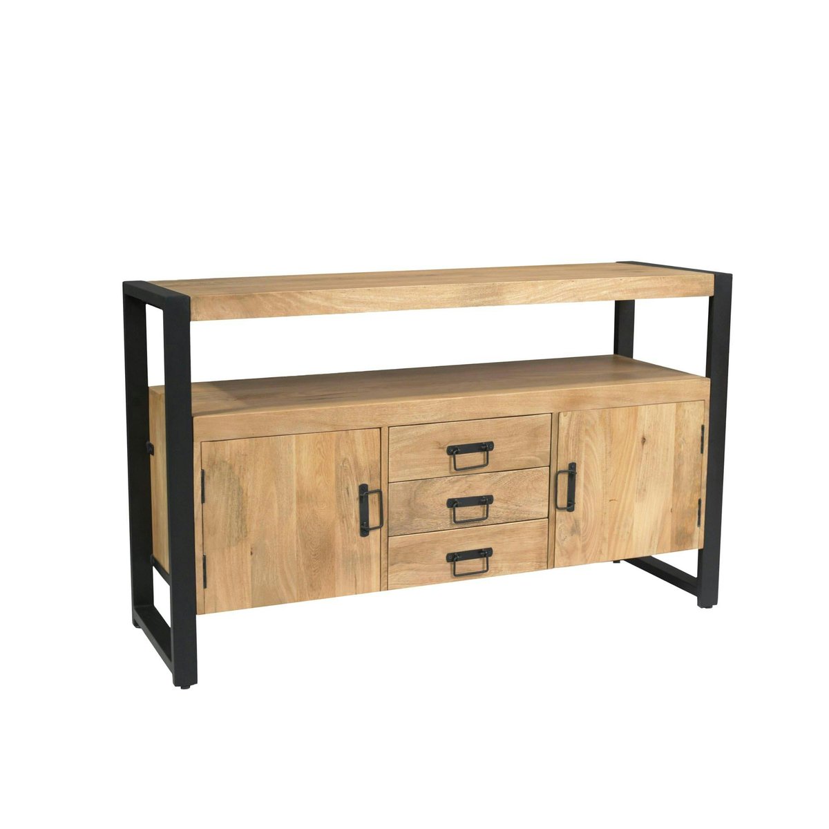 Buffet salon bois clair métal noir 2 portes 3 tiroirs MILORA bois naturel, PIER IMPORT