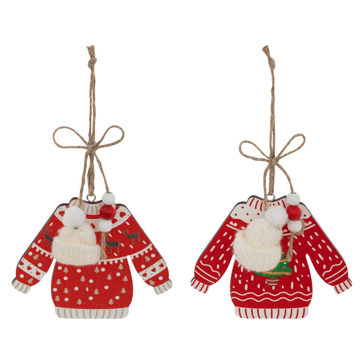 Lot de 2 sujets pull de Noël bois H12 cm rouge, ATMOSPHERA
