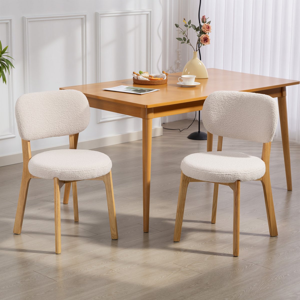 Chaise de salle à manger Tissu effet laine crème, bois naturel, HOMCOM