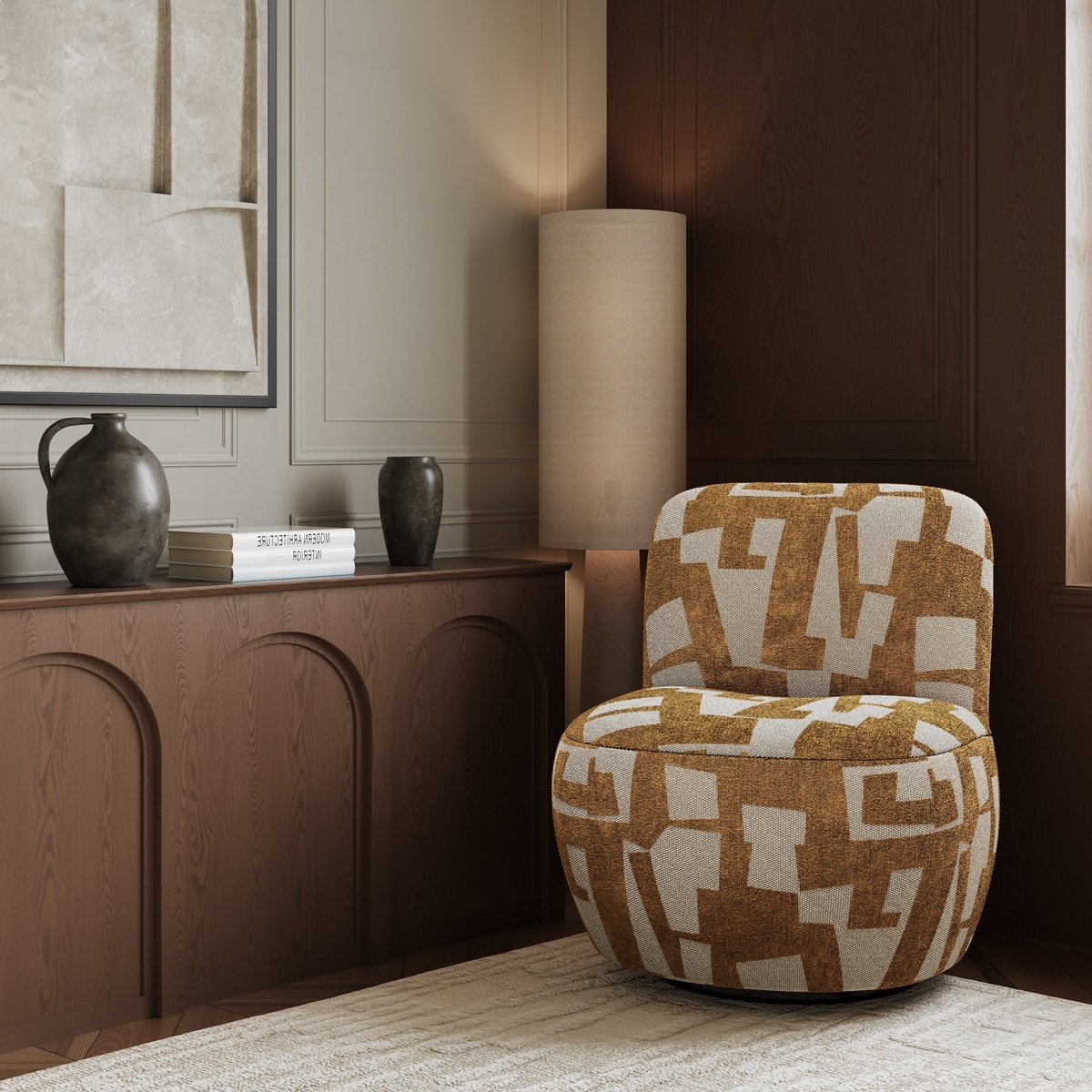Fauteuil de salon pivotant en tissu texturé à motif JENA moutarde, SIA HOME