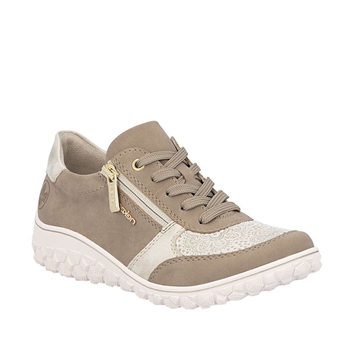 Baskets running taupe à talon plat avec des lacets et un zip latéral beige, RIEKER