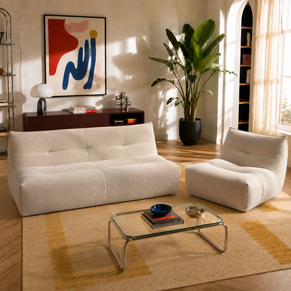 Banquette 2 places en tissu beige, PANTONE